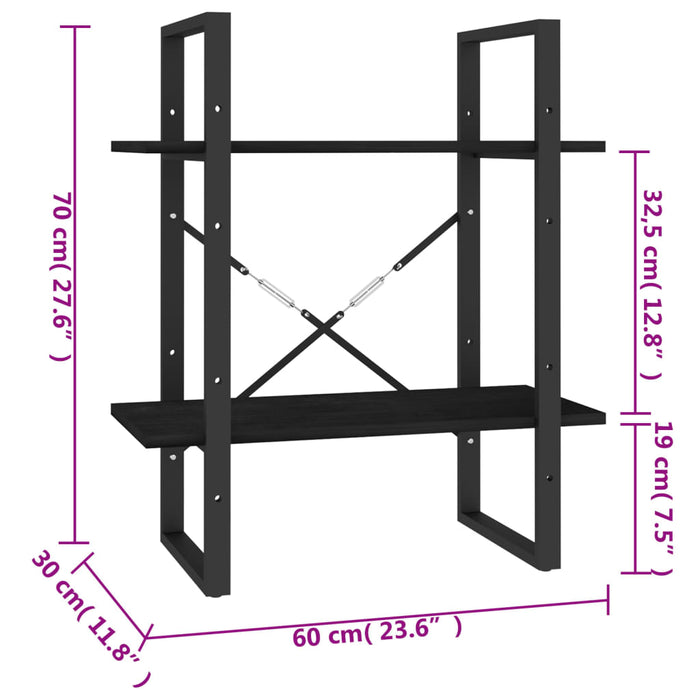 Libreria a 2 Ripiani Nera 60x30x70 cm in Massello di Pino cod mxl 20970