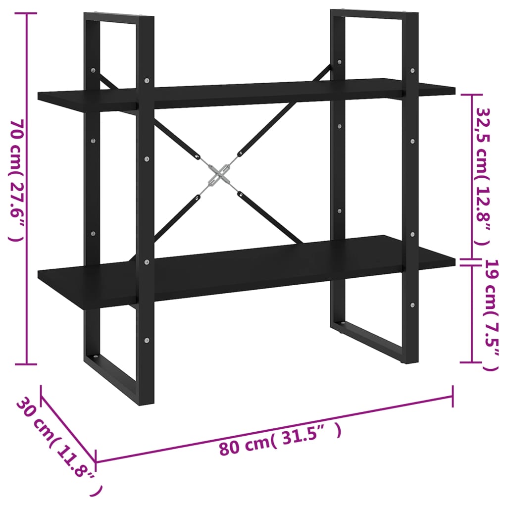 Libreria a 2 Ripiani Nera 80x30x70 cm in Truciolato