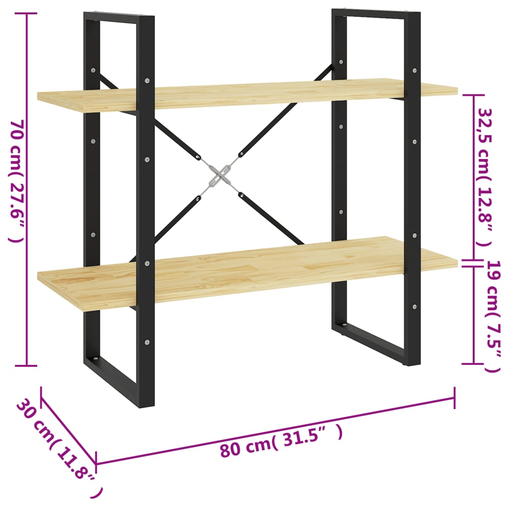 Libreria a 2 Ripiani 80x30x70 cm in Massello di Pino cod mxl 33775