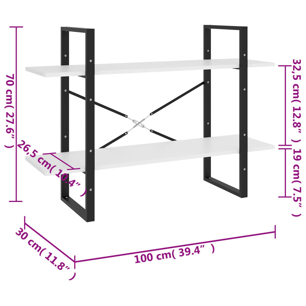 Libreria a 2 Ripiani Bianca 100x30x70 cm in Truciolato cod mxl 5545