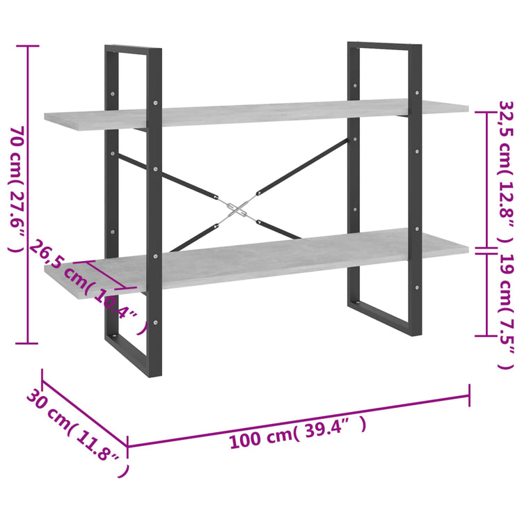 Libreria a 2 Ripiani Grigio Cemento 100x30x70 cm in Truciolato cod mxl 5853