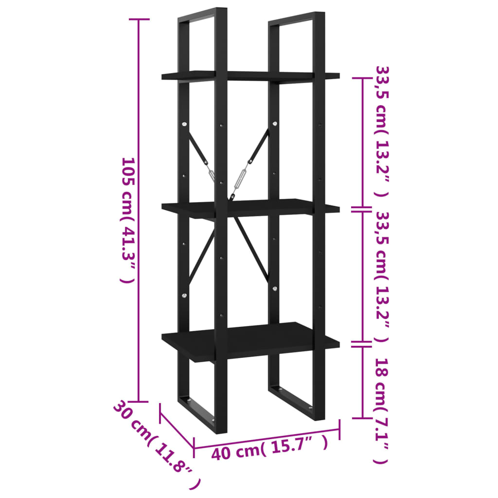 Libreria a 3 Ripiani Nera 40x30x105 cm in Truciolato cod mxl 23730