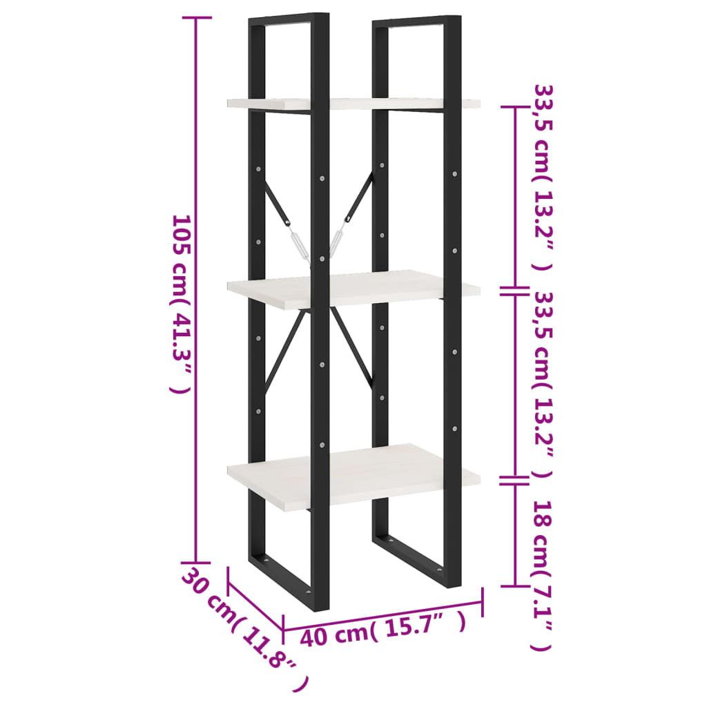 Libreria a 3 Ripiani Bianca 40x30x105 cm Legno Massello di Pino cod mxl 16347