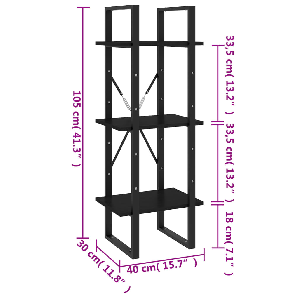 Libreria a 3 Ripiani Nera 40x30x105 cm Legno Massello di Pino cod mxl 20677