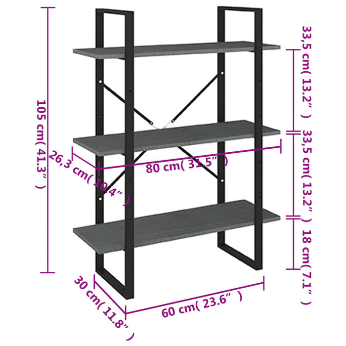 Libreria a 3 Ripiani Grigia 80x30x105 cm in Massello di Pino cod mxl 11561