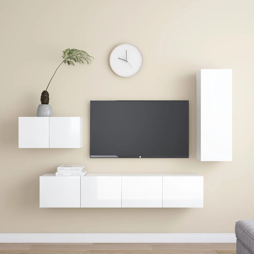 Set di Mobili Porta TV 4 pz Bianco Lucido in Legno Multistrato 3079308