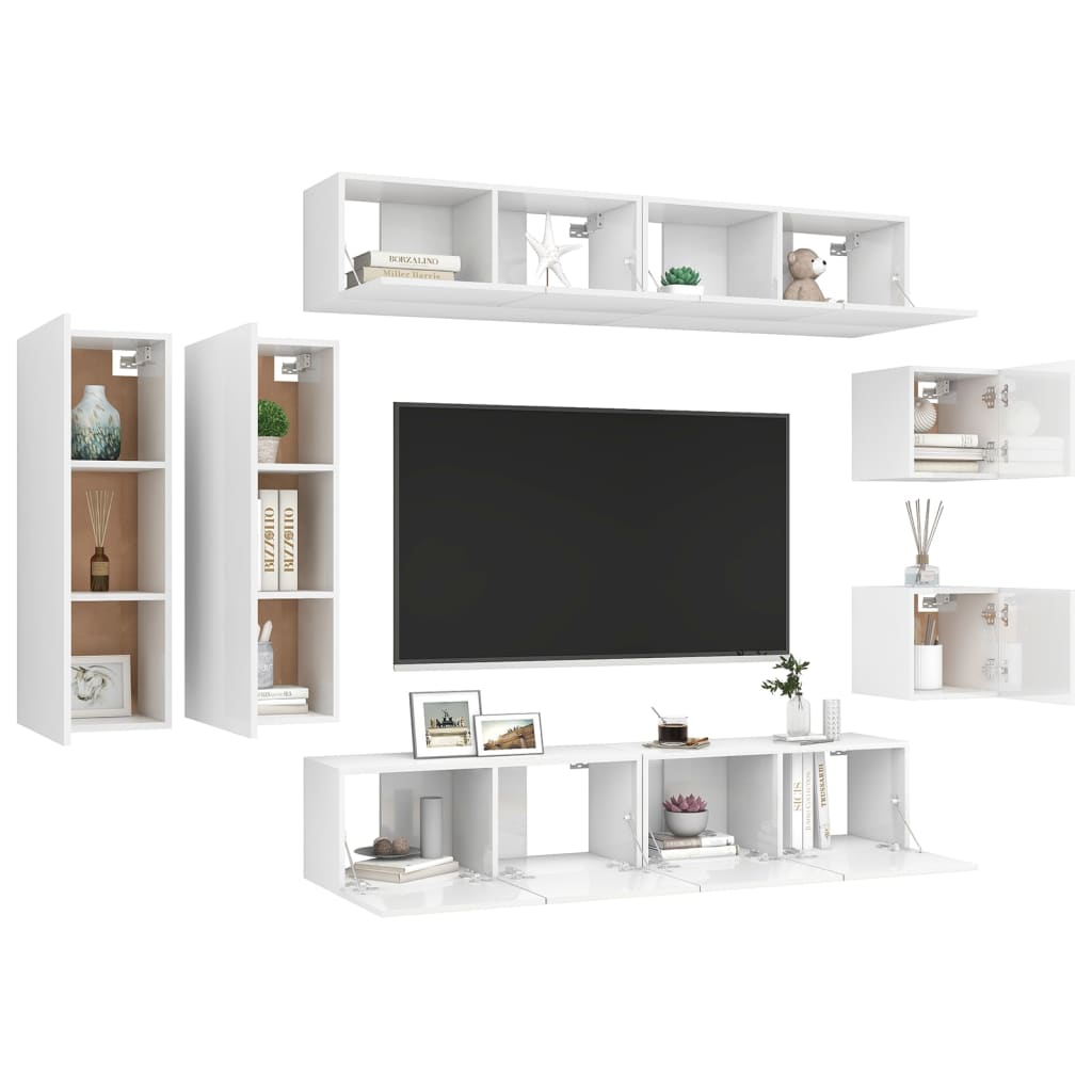 Set Mobili TV 8 pz Bianco Lucido in Truciolato 3079335