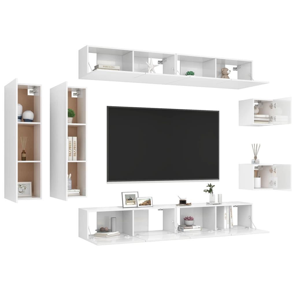 Set Mobili TV 8 pz Bianco Lucido in Truciolato 3079336