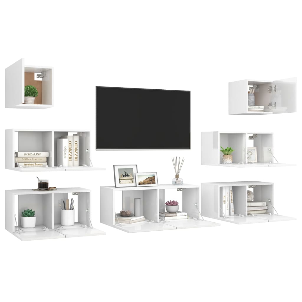 Set di Mobili Porta TV 7 pz Bianco Lucido in Legno Multistrato 3079342