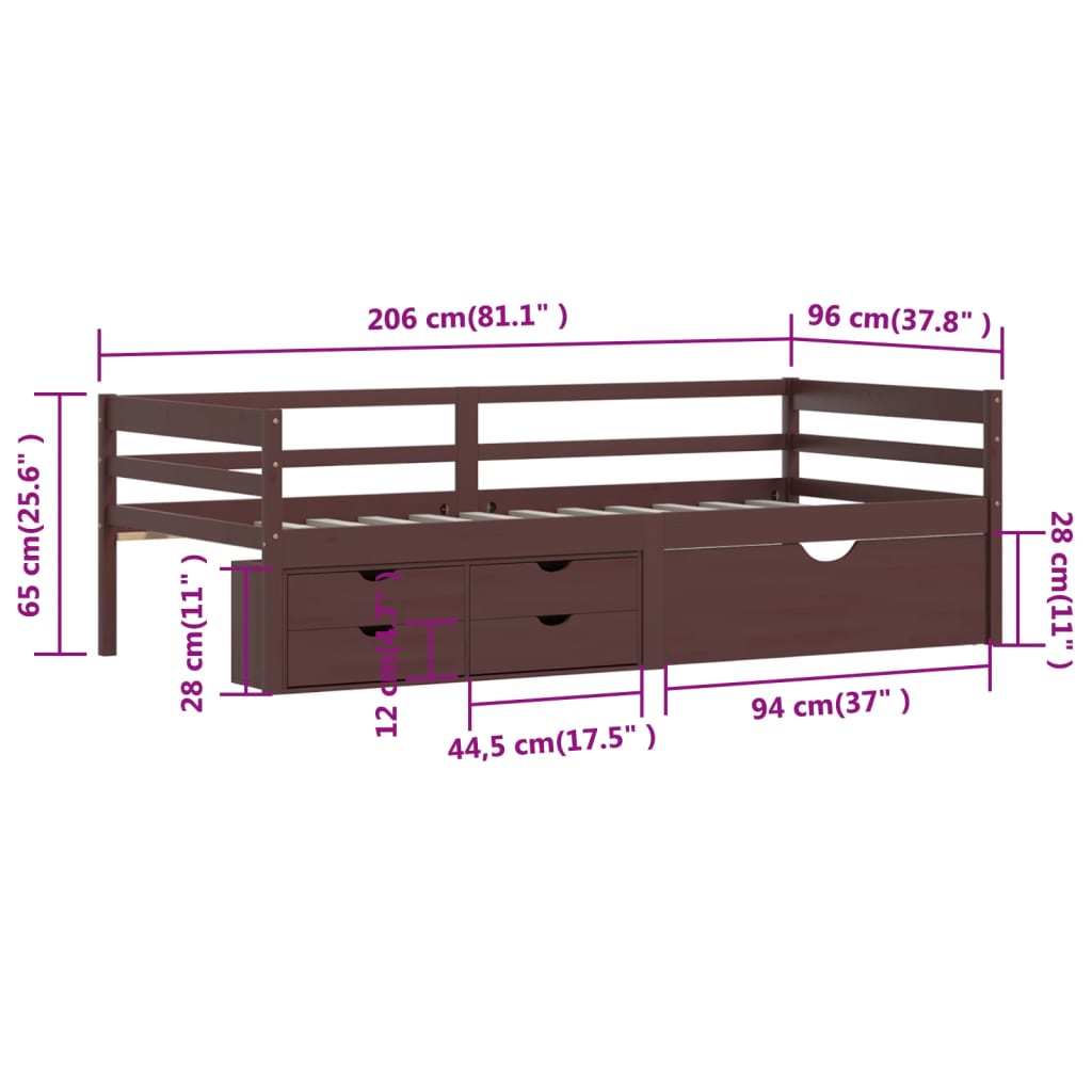 Giroletto con Cassetti Marrone Miele in Legno di Pino 90x200 cm 322059