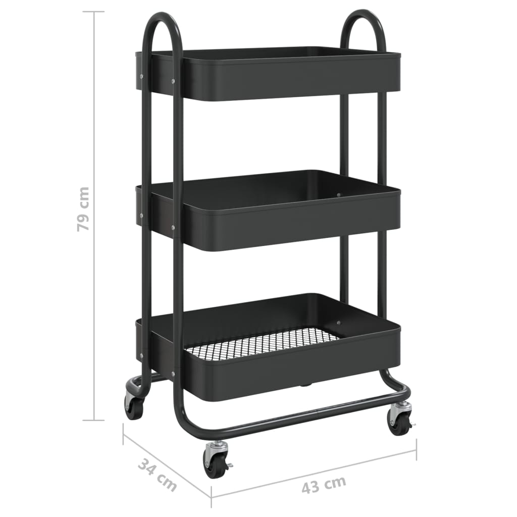 Carrello a 3 Livelli Nero 43x34x79 cm in Acciaio 335865