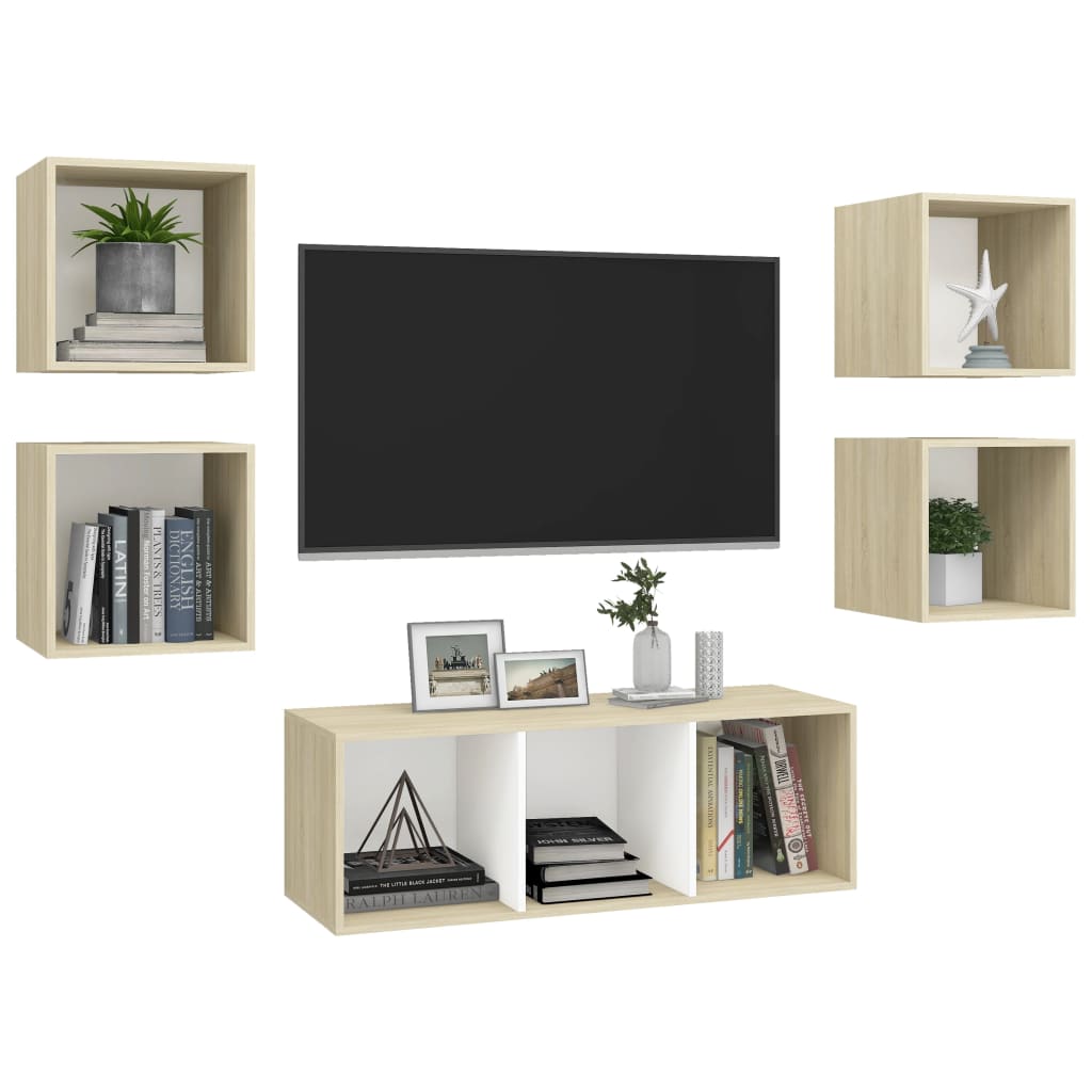 Set Porta TV 5 pz Bianco e Rovere Sonoma in Truciolato cod mxl 59799