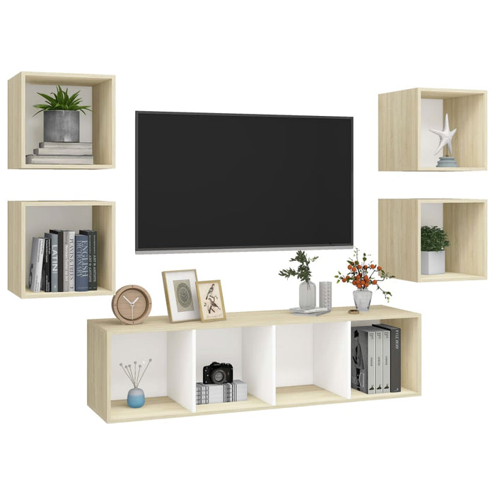 Set Porta TV 5 pz Bianco e Rovere Sonoma in Truciolato cod mxl 59332