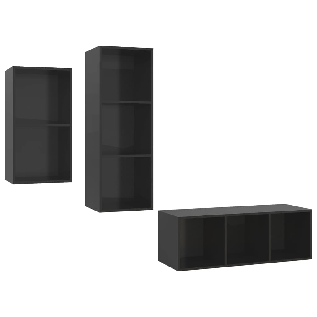 Set Mobili TV 3 pz Nero Lucido in Legno Multistrato cod mxl 33964