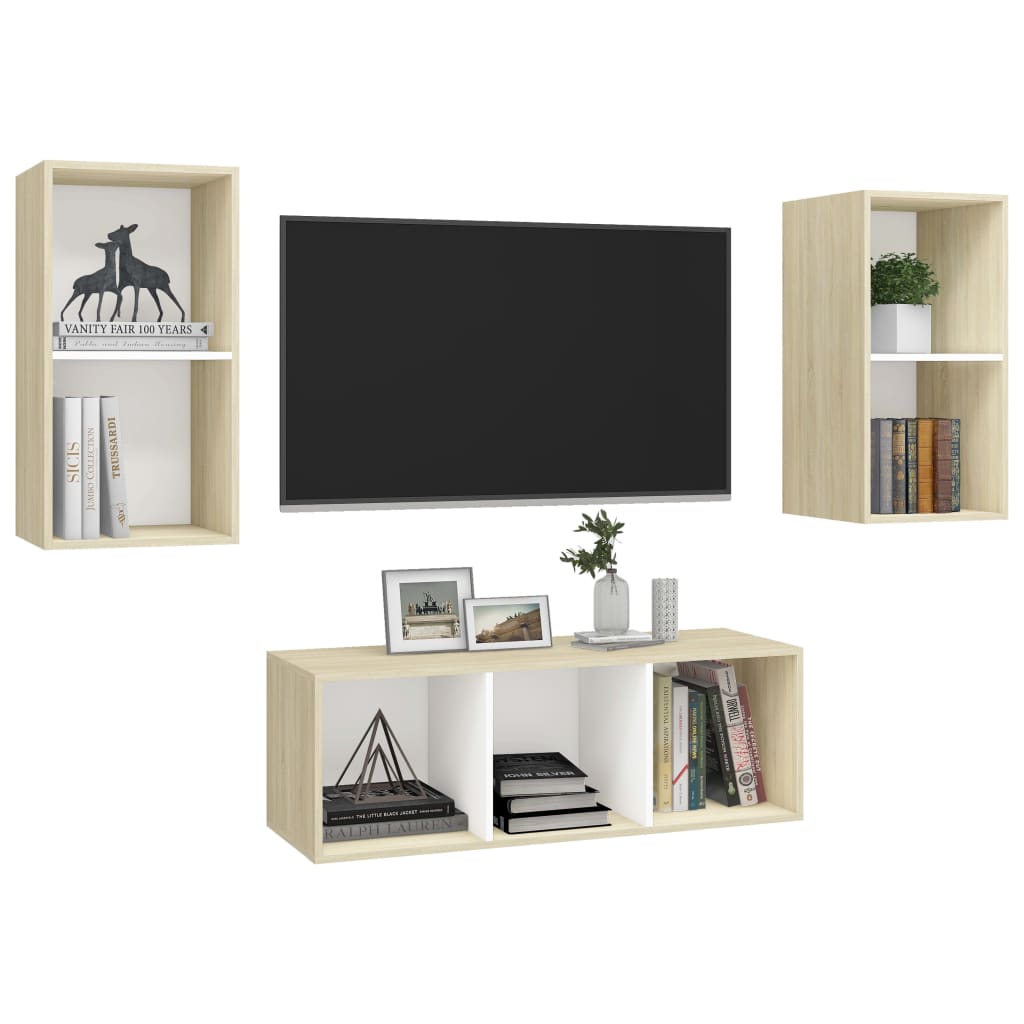 Set Porta TV 3 pz Bianco e Rovere Sonoma in Truciolato 3079741