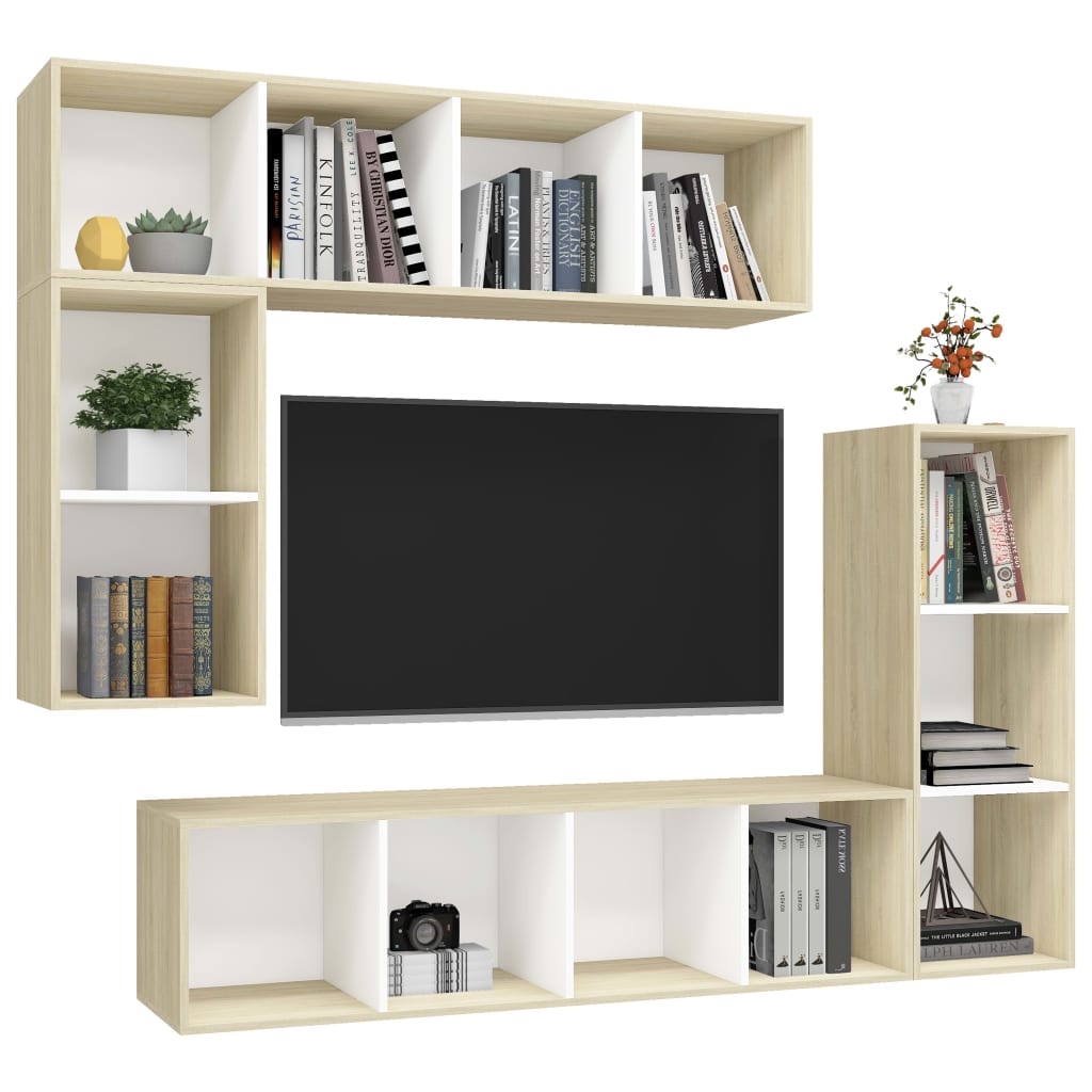 Set Porta TV 4 pz Bianco e Rovere Sonoma in Truciolato 3079822