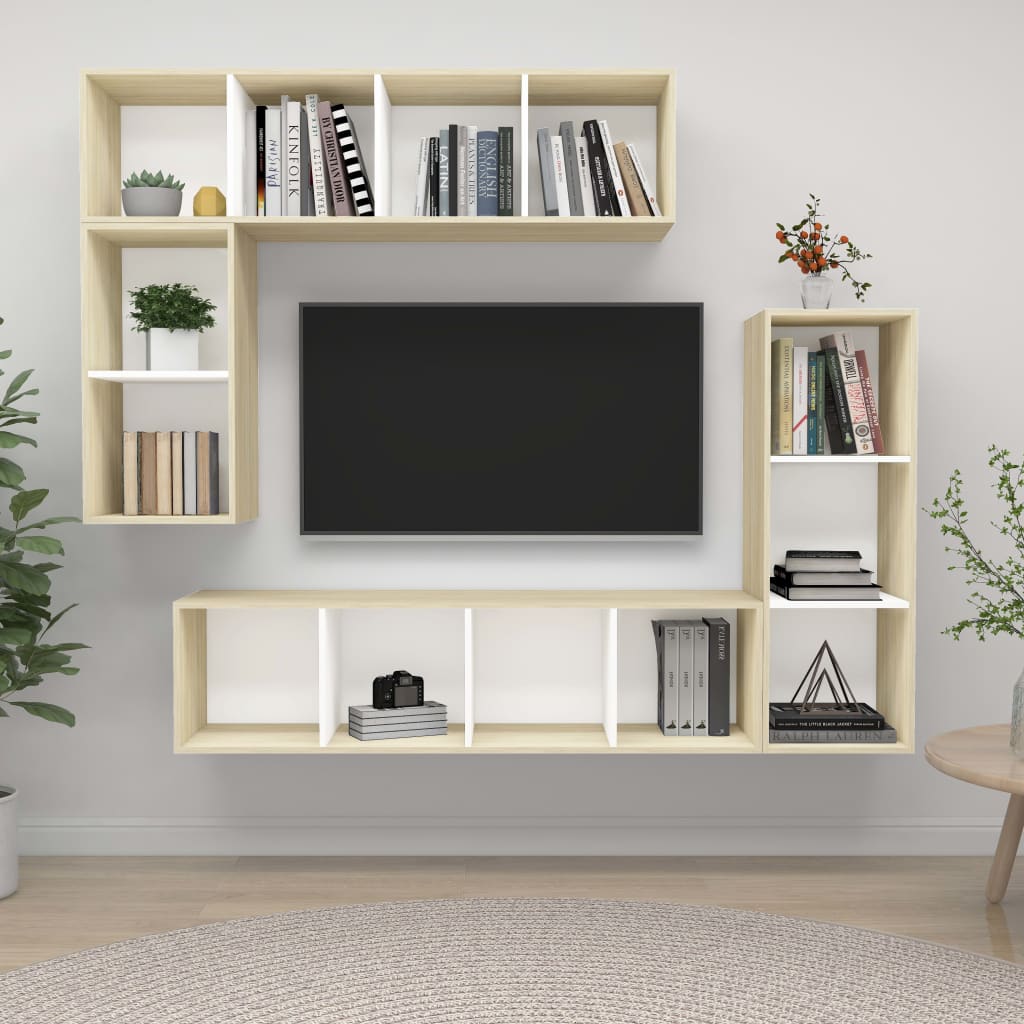 Set Porta TV 4 pz Bianco e Rovere Sonoma in Truciolato