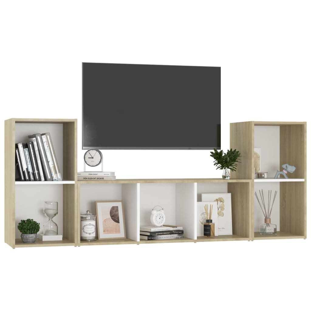 Set Porta TV 3 pz Bianco e Rovere Sonoma in Truciolato 3080020