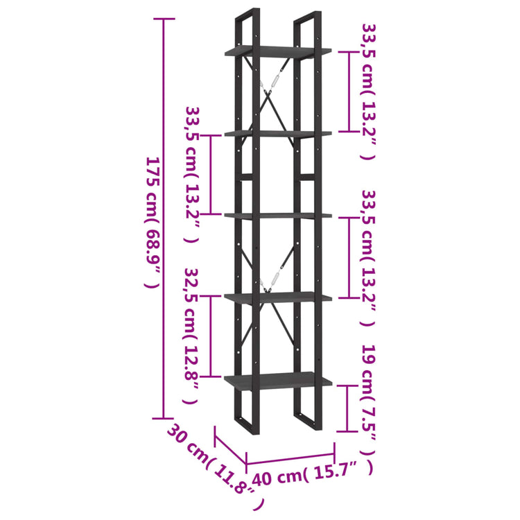 Libreria a 5 Ripiani Grigia 40x30x175 cm in Legno di Pino cod mxl 16929