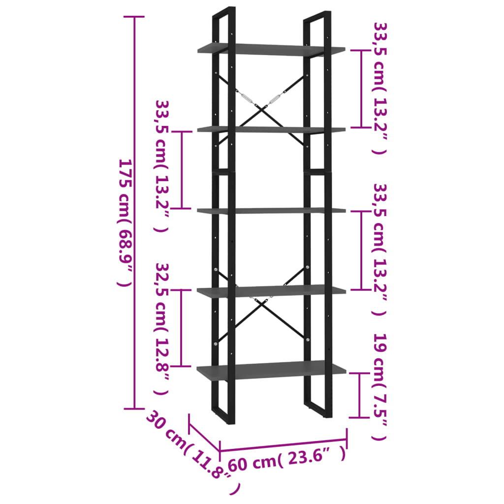 Libreria a 5 Ripiani Grigia 60x30x175 cm in Truciolato cod mxl 10443