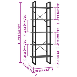 Libreria a 5 Ripiani Grigia 60x30x175 cm in Truciolato cod mxl 10443