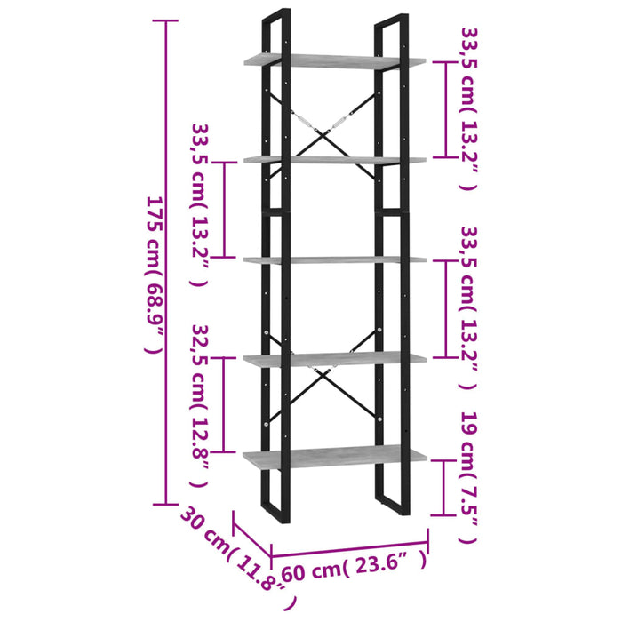 Libreria a 5 Ripiani Grigio Cemento 60x30x175 cm in Truciolato cod mxl 12436