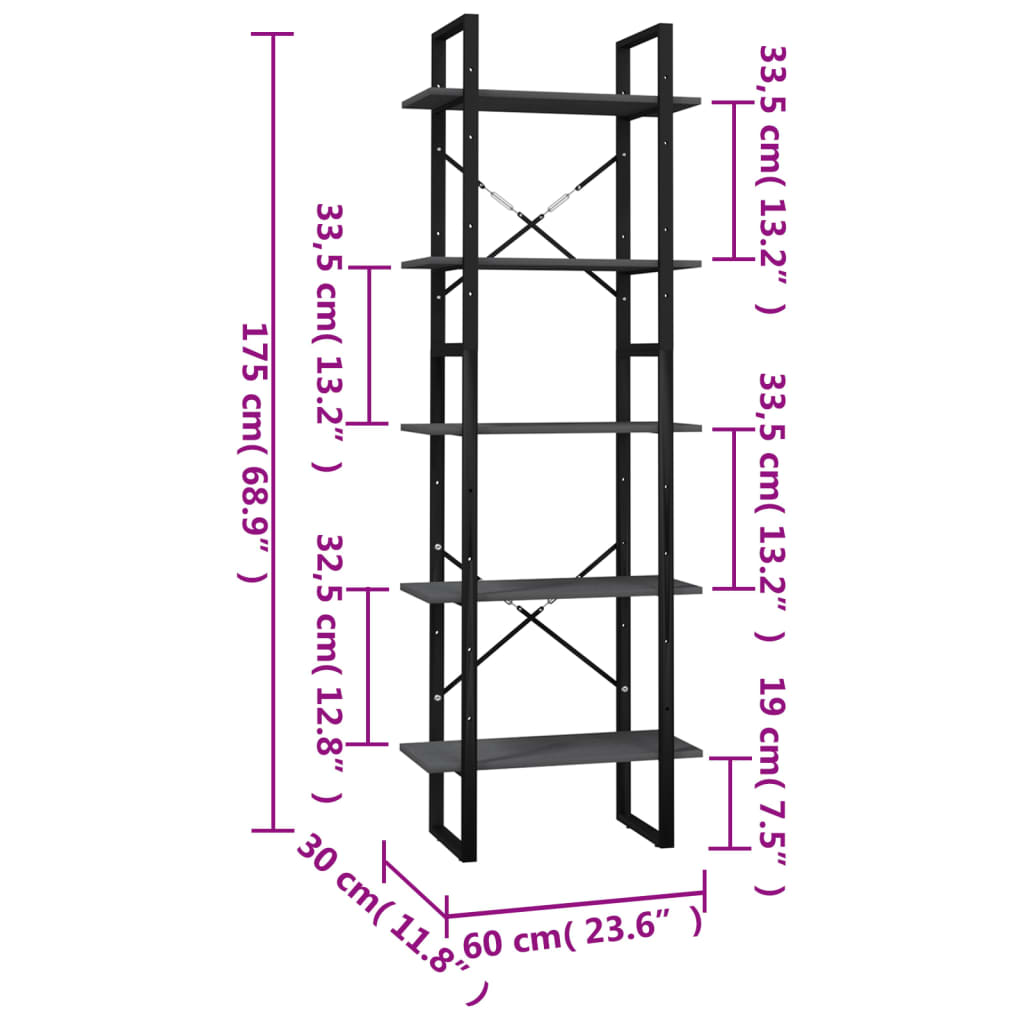 Libreria a 5 Ripiani Grigia 60x30x175 cm in Legno di Pino cod mxl 11628