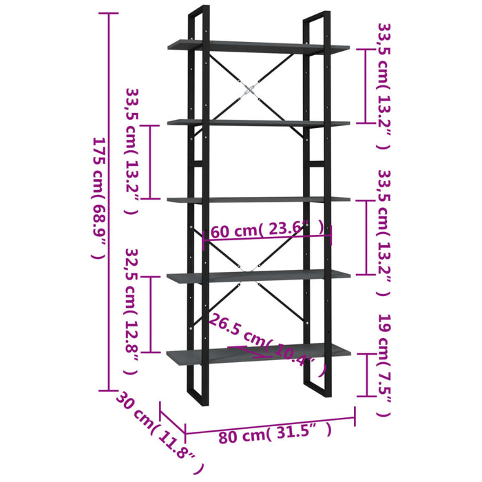 Libreria a 5 Ripiani Grigia 80x30x175 cm in Truciolato cod mxl 15860