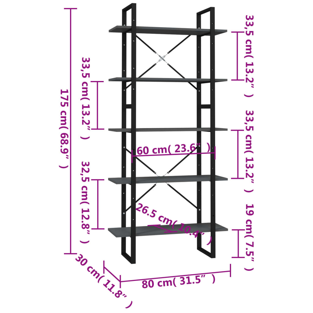 Libreria a 5 Ripiani Grigia 80x30x175 cm in Legno Multistrato 3081990