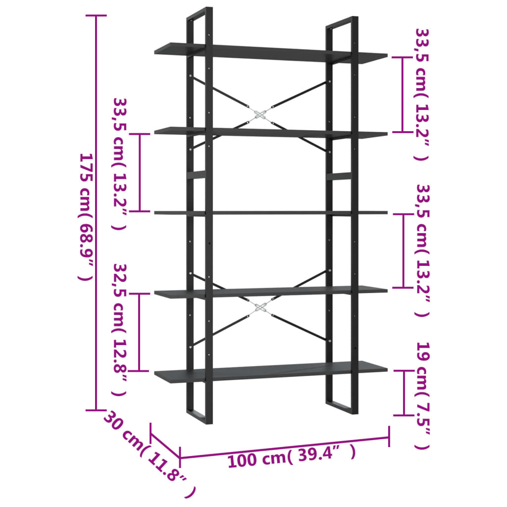 Libreria a 5 Ripiani Grigia 100x30x175 cm in Truciolato cod mxl 16642