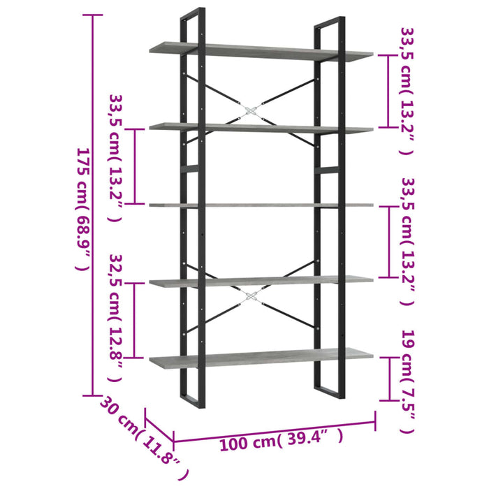 Libreria a 5 Ripiani Grigio Cemento 100x30x175 cm in Truciolato cod mxl 5821