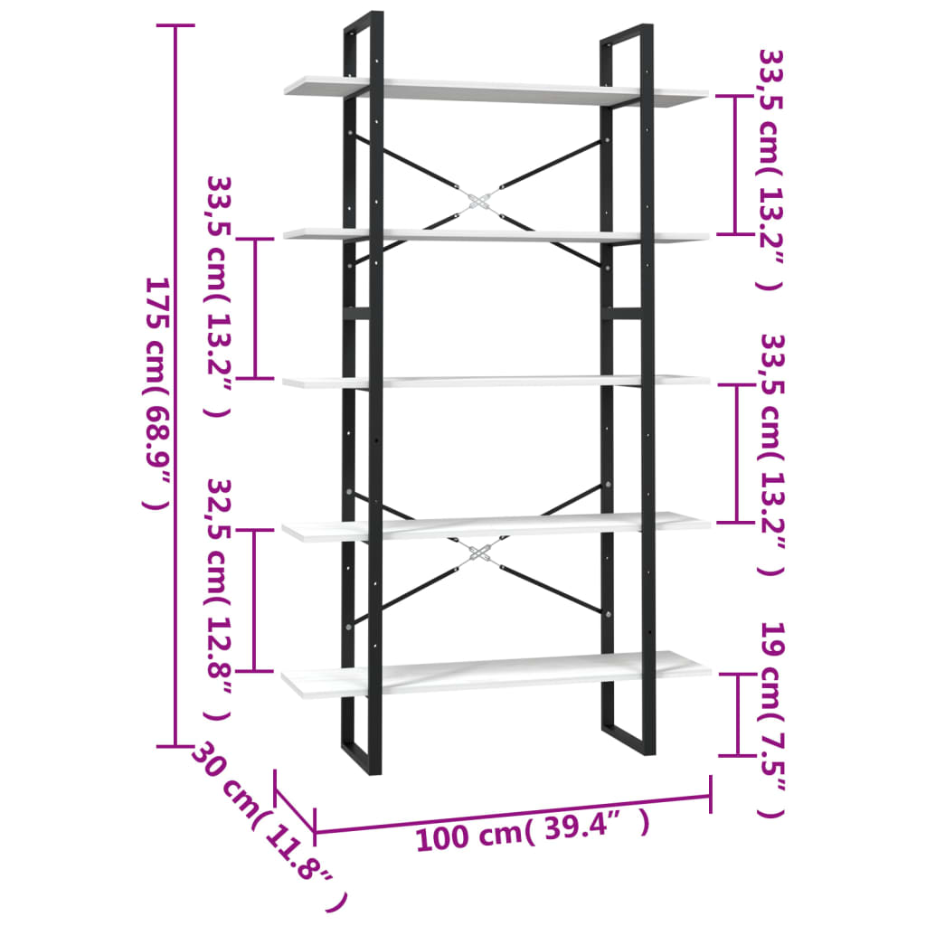 Libreria a 5 Ripiani Bianca 100x30x175 cm in Legno di Pino cod mxl 18870