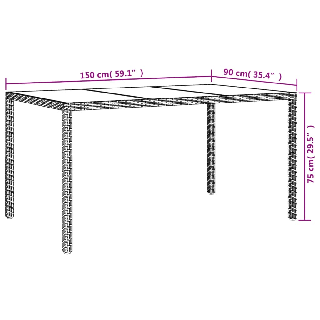 Tavolo Giardino 150x90x75cm Vetro Temperato Polyrattan Marrone 316704