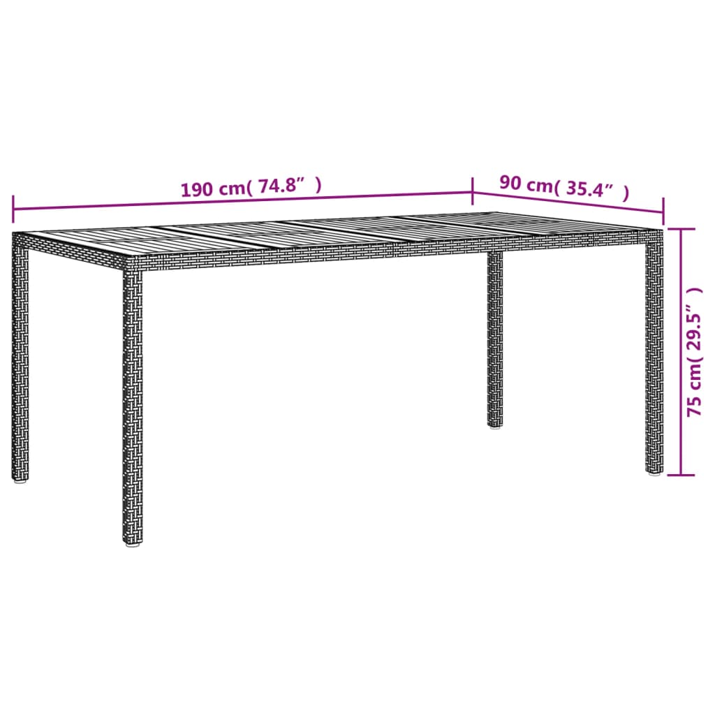 Tavolo da Giardino 190x90x75 cm Polyrattan Legno di Acacia Nero cod mxl 57270