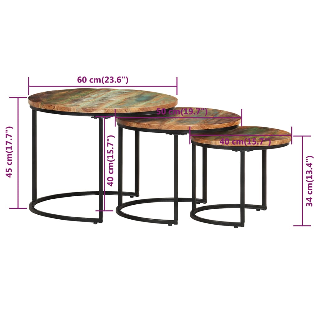 Tavolini Impilabili 3 pz in Legno Massello di Recupero 338003