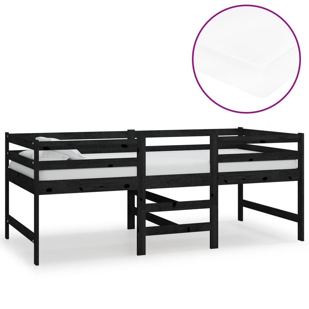 Letto Rialzato con Materasso 90x200 cm Nero in Massello di Pino 3083718