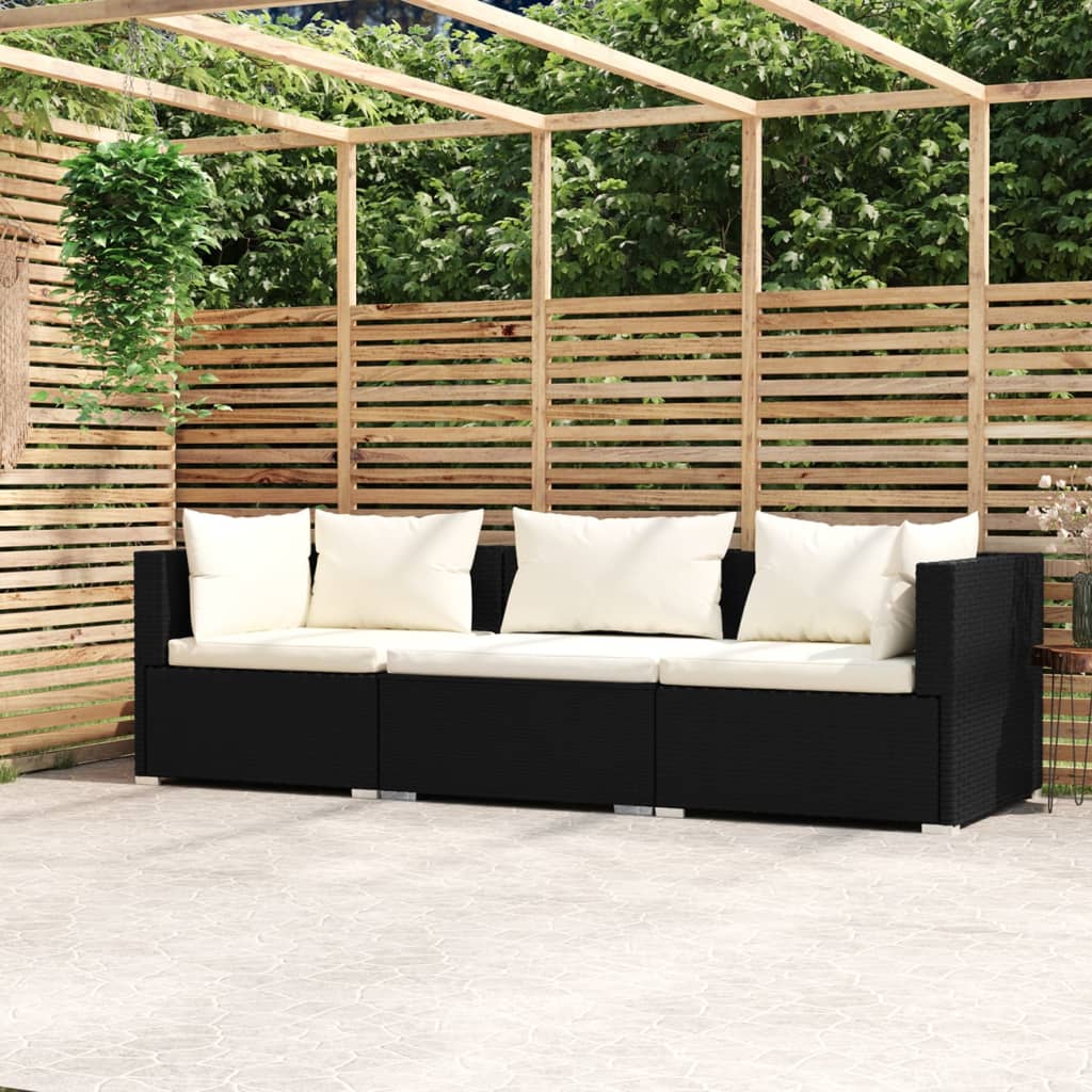 Divano a 3 Posti con Cuscini Nero in Polyrattan 317489