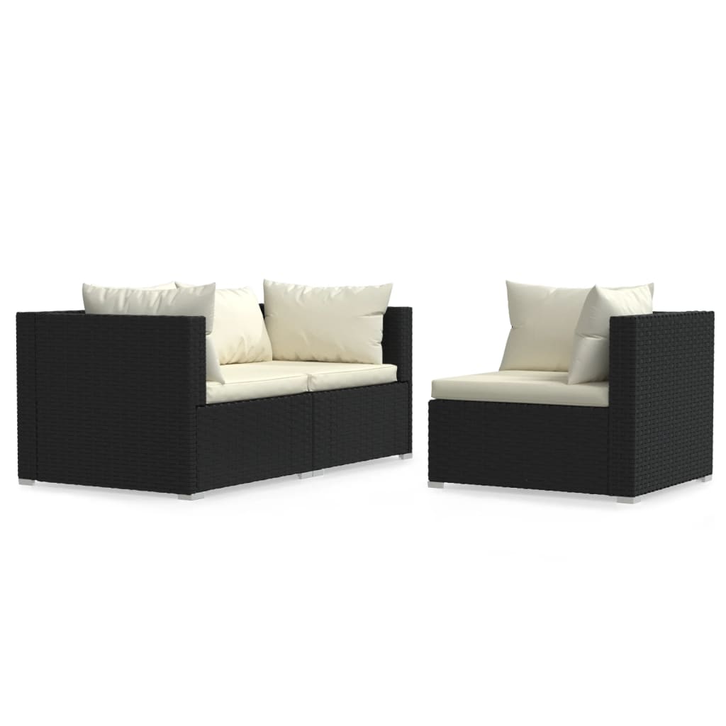 Set Divani da Giardino 3 pz con Cuscini in Polyrattan Nero cod mxl 55112