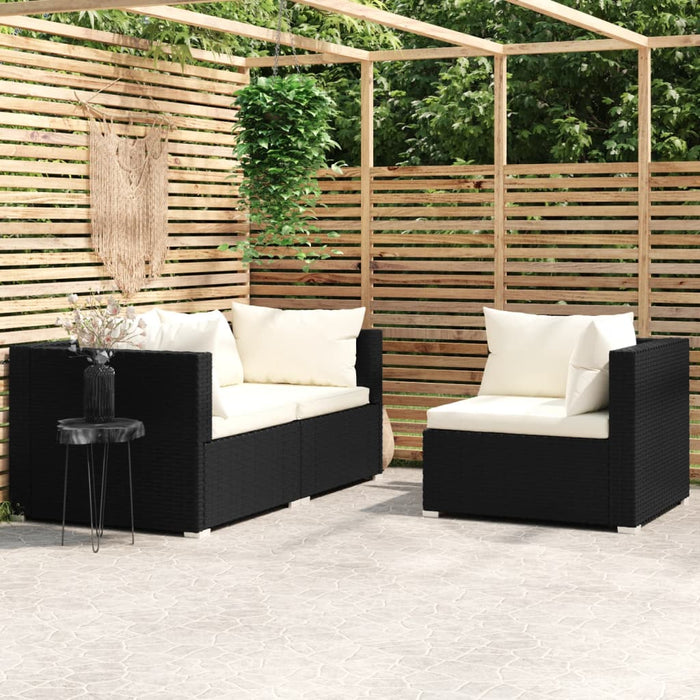 Set Divani da Giardino 3 pz con Cuscini in Polyrattan Nero cod mxl 55112