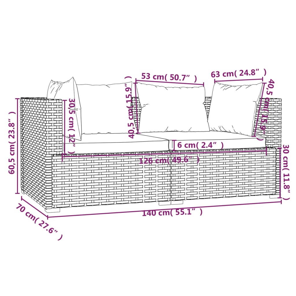 Set Divani da Giardino 3 pz con Cuscini in Polyrattan Marrone cod mxl 40853