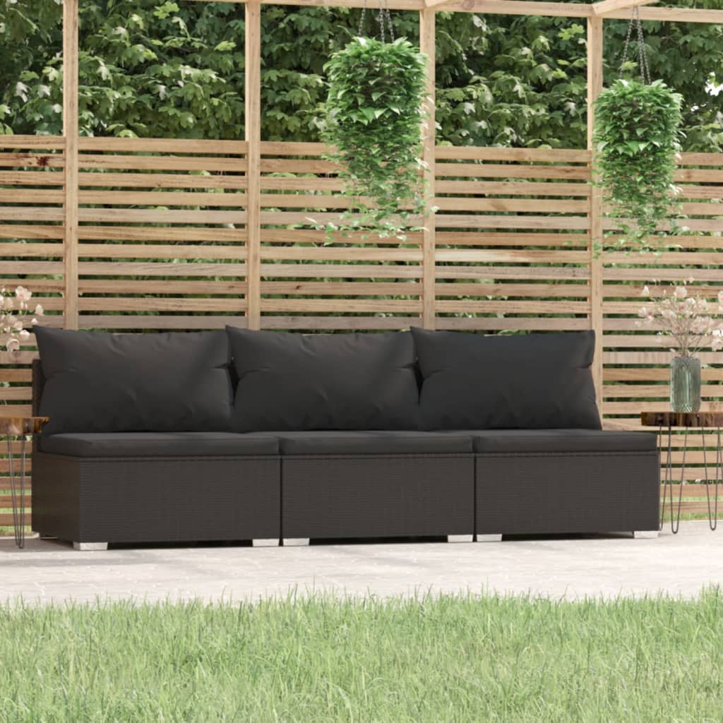 Divano a 3 Posti con Cuscini in Polyrattan Nero cod mxl 37426