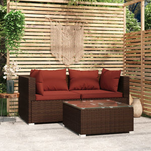 Set Divano da Giardino 3 pz con Cuscini in Polyrattan Marrone cod mxl 34798