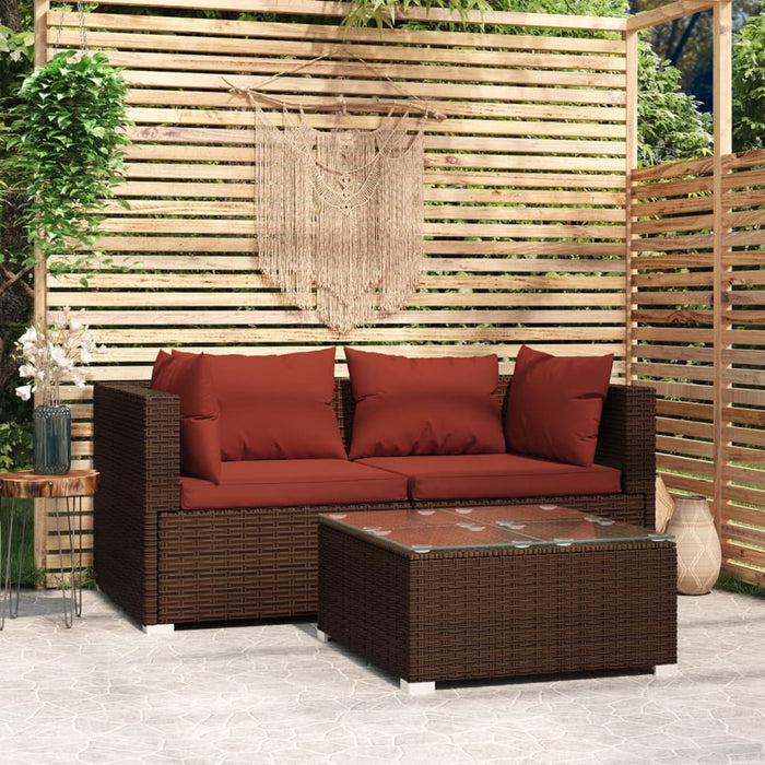 Set Divano da Giardino 3 pz con Cuscini in Polyrattan Marrone cod mxl 34798