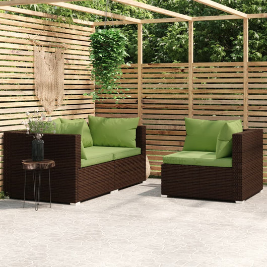 Set Divano da Giardino 3 pz con Cuscini in Polyrattan Marrone cod mxl 70761