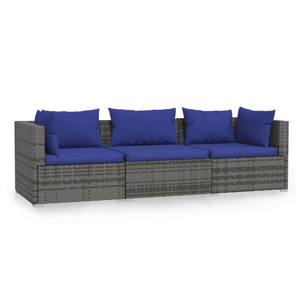 Divano a 3 Posti con Cuscini in Polyrattan Grigio 317566