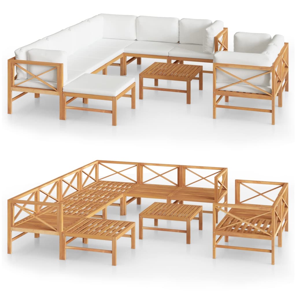 Set Divani Giardino 10 pz Cuscini Crema Legno Massello di Teak