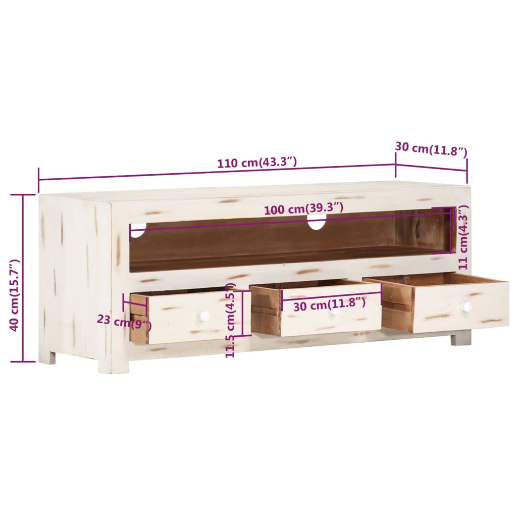 Mobile TV in Legno Massello di Acacia 110x30x40 cm Bianco 337849