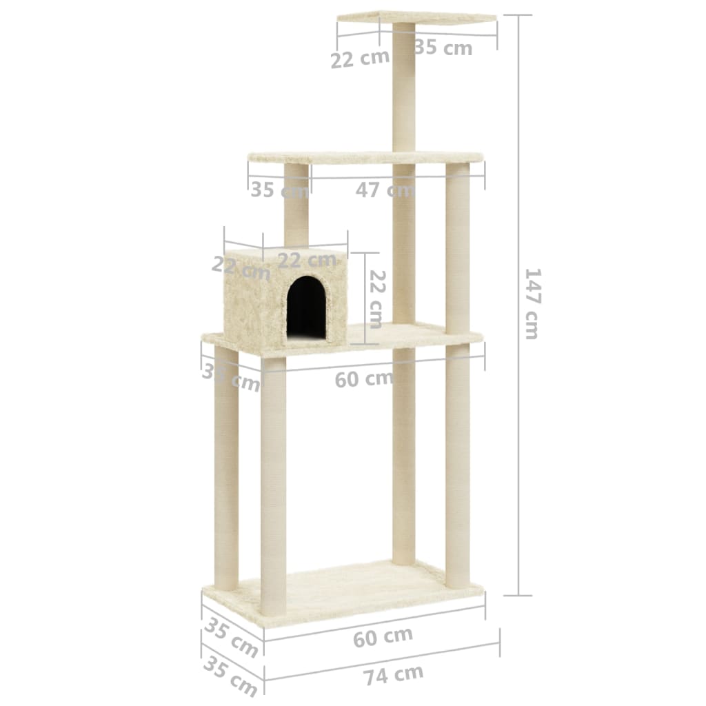 Albero per Gatti con Tiragraffi in Sisal Crema 147 cm