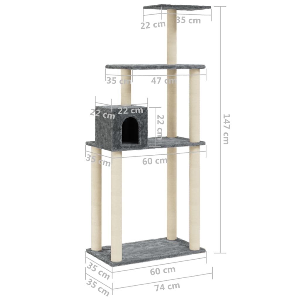 Albero per Gatti con Tiragraffi in Sisal Grigio Scuro 147 cm 171478