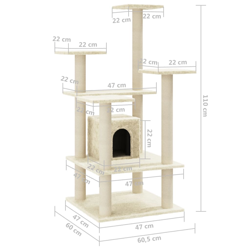 Albero per Gatti con Pali Tiragraffi in Sisal Crema 110 cm cod mxl 19113